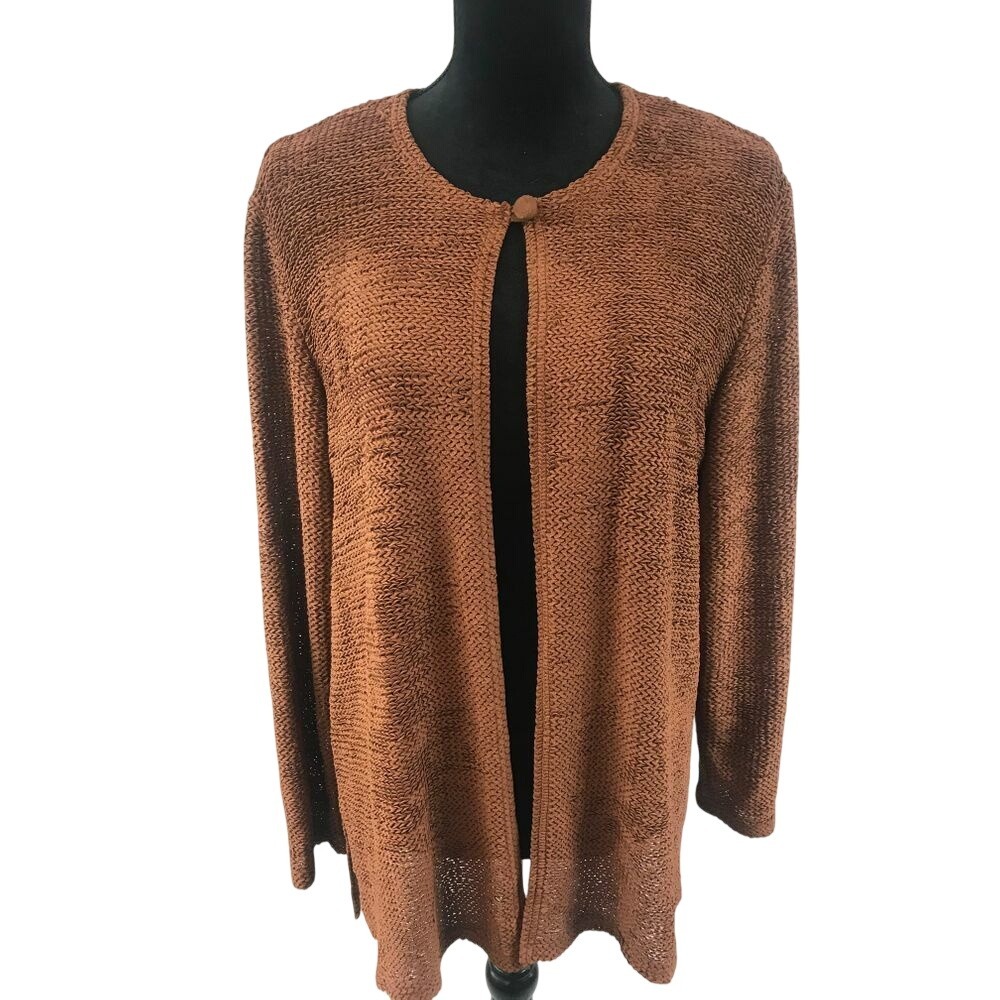 Ann Travis Womens Terracotta Rust Textured Knit Cardigan Made in‎ USA 826-2354 M
